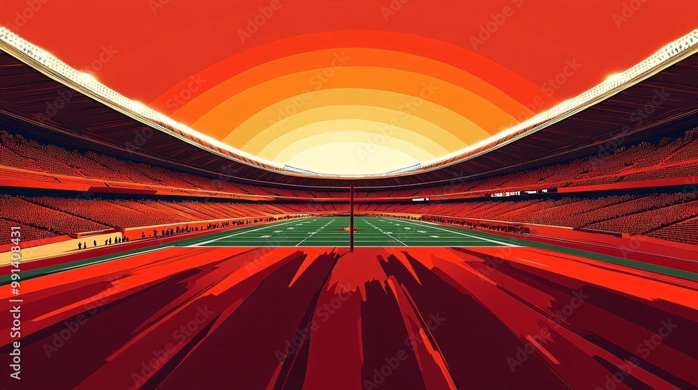 Poster a minimalist illustration of a famous nfl stadium at sunset with clean architectural lines and flat 