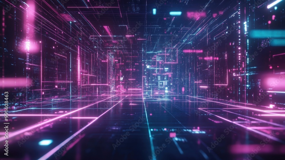 Poster futuristic background with glowing neon grids and digital elements, creating a high-tech, sci-fi aes