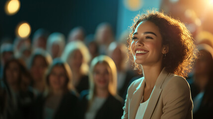 Obraz premium A woman is smiling at a crowd of people