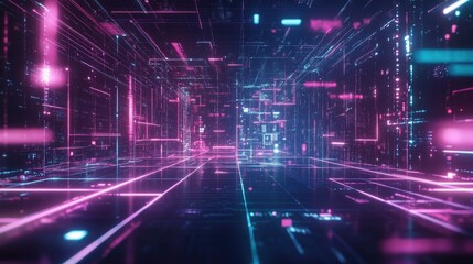 Fototapeta premium Futuristic background with glowing neon grids and digital elements, creating a high-tech, sci-fi aesthetic