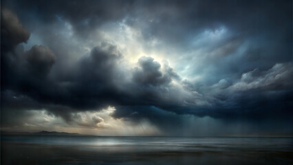 Obraz premium Dramatic seascape, moody atmosphere, stormy sky, ocean reflection, copy space