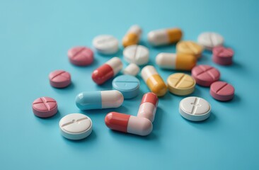 Various pills on a blue background