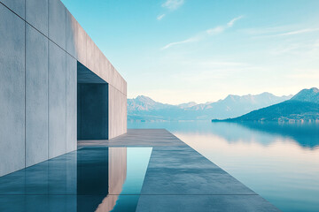 Obraz premium Abstract 3D rendering of minimalist style architectural space scene, mountain and lakeside building