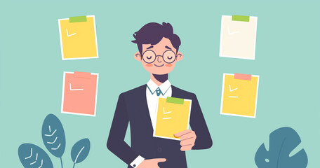business person with documents, person in office with businessman manage to prioritize sticky note illustration 