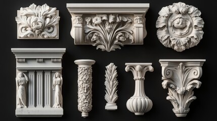 Obraz premium Architectural elements in white marble or gypsum, evoking ancient Greek and Roman art. Sculptures, ornaments, and architectural details drawn by hand, isolated on a black background.