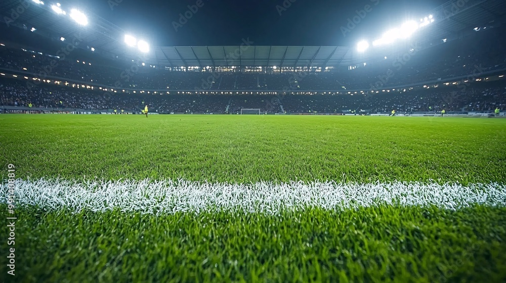 Poster A clean geometric design of a stadium at night with the field lit up under stadium lights rendered in bold simple shapes Large space for text in center Stock Photo with copy space
