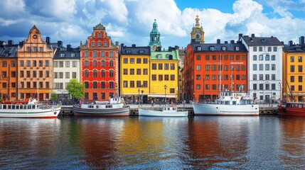 Naklejka premium Colorful Buildings and Boats on a Sunny Day in Stockholm
