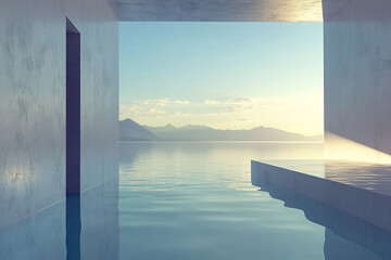 Abstract 3D rendering of minimalist style architectural space scene, mountain and lakeside building