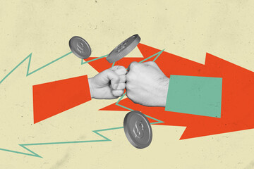 Collage picture human hands body fragments fight strike hit each other coins currency economy...