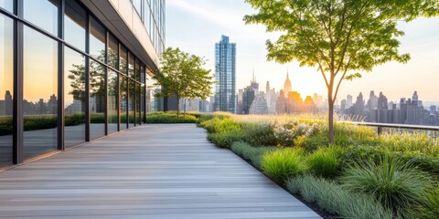 Naklejka premium A serene view from a rooftop garden featuring vibrant greenery and the citu skyline at sunset