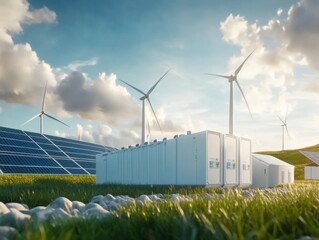 Obraz premium Energy storage system with wind turbines and solar panels, AI generated