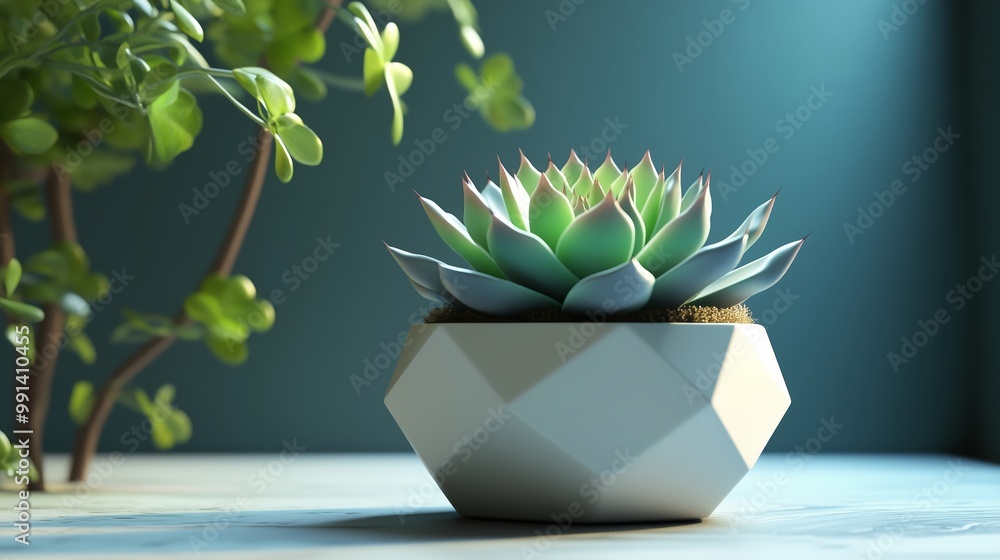 Poster A modern succulent plant in a geometric pot on a light wooden table near a leafy plant in soft natural light