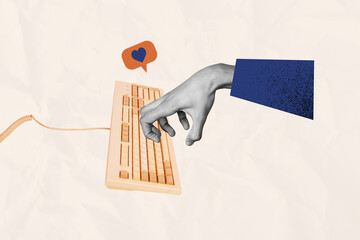 Creative image collage human hand computer device keyboard type buttons blogging social media...
