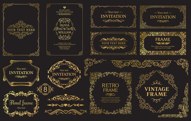 Design gold elements set, decorative flourish border corner and frame collection for invitation,...