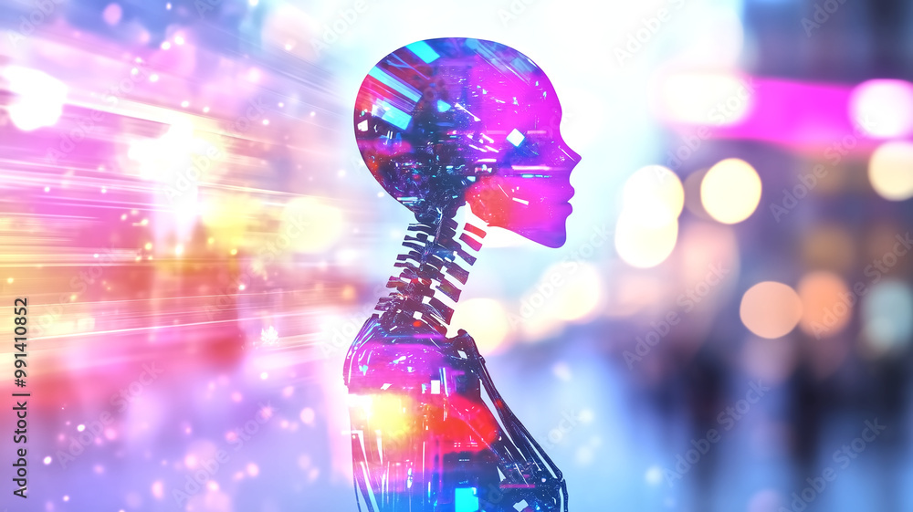 Poster futuristic digital human with vibrant neon lights and bokeh background in a sci-fi setting