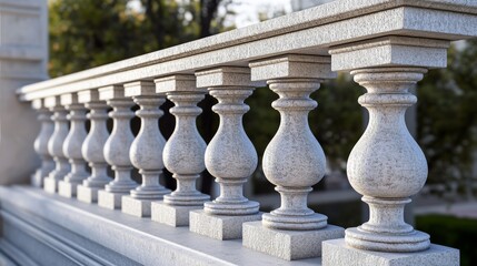 Balustrade elements in 3D: stone pillars, columns, balusters, handrails, and bases for classic fences on balconies, terraces, and parapets.