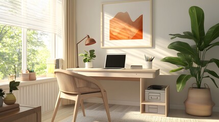 A bright and organized home office with a desk, laptop, and plant