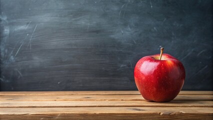 A red apple resting on a wooden table with a blackboard in the background, object, nutrition, blackboard, glossy, symmetrical, round, crisp, healthy, fresh, delicious, fruit, apple