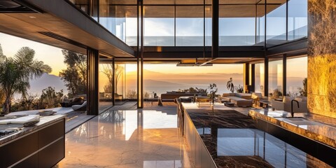 Fototapeta premium Luxury home with vast interior, open living space, marble kitchen, and panoramic views through large glass walls