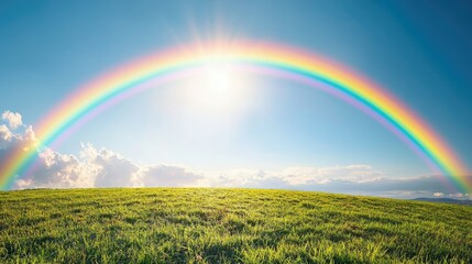 Obraz premium A vibrant rainbow stretching across a clear blue sky, arching over a lush green field after a summer rainstorm, with sunlight shining through the clouds.