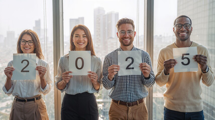 Office workers celebrating new year 2025 at office