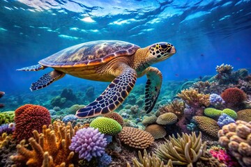 Obraz premium A beautiful panoramic stock photo of a Hawksbill sea turtle Eretmochelys imbricata swimming gracefully in the ocean surrounded by vibrant coral reefs and other marine life, swimming