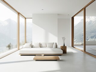 Minimalist home with sleek white interior, wooden accents, and large windows offering stunning nature views