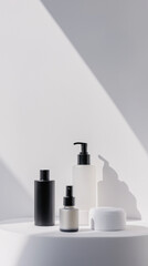 A minimalist product setup, such as skincare bottles or tech gadgets, placed on a clean white surface. The majority of the image is left empty to highlight the product and provide copyspace for text o