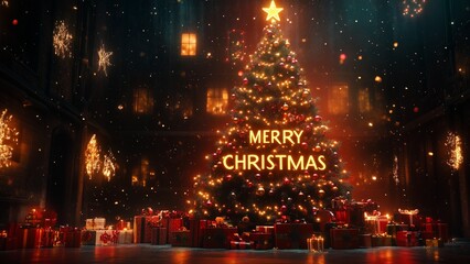 A festive Christmas tree adorned with golden ornaments and surrounded by snow, perfect for holiday cards and celebrationswellness - 234