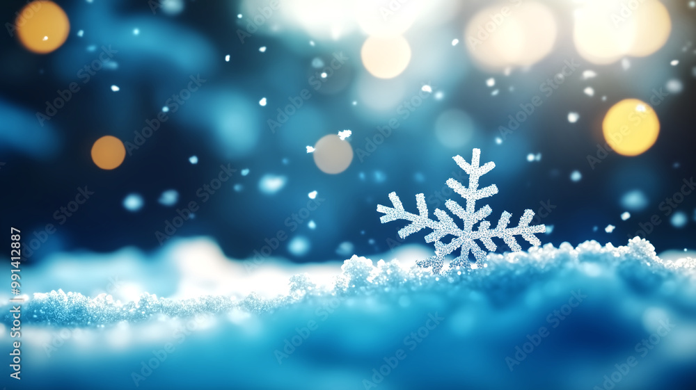 Poster sparkling snowflake on snowy ground with bokeh lights in the background - winter wonderland scene