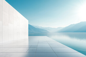 Abstract 3D rendering of minimalist style architectural space scene, mountain and lakeside building