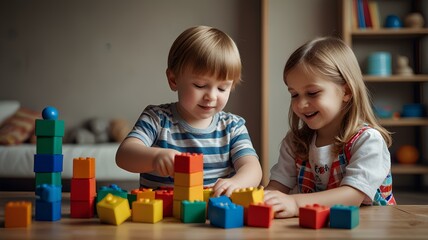 Happy Children Playing with Colorful Building Blocks.