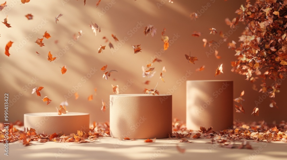 Aufkleber warm sunlight filters through, casting soft shadows on three neutral pedestals surrounded by scatter