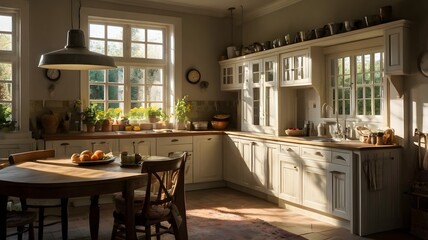 Morning Sunlight in a Homely Kitchen Interior