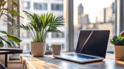 A clean and stylish desk setup with a laptop, coffee cup, and potted plant
