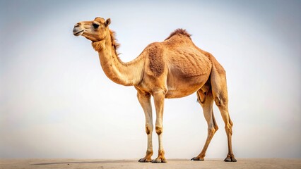 hump, majestic presence, travel, low angle, Arabian camel stands tall and confident against a white background captured from a low angle perspective showcasing its majestic presence