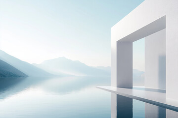 Fototapeta premium Abstract 3D rendering of minimalist style architectural space scene, mountain and lakeside building