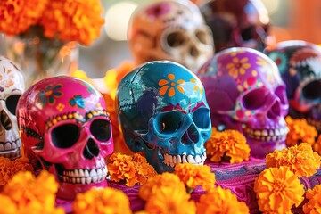 Fototapeta premium Colorful sugar skulls with marigold flowers for Day of the Dead
