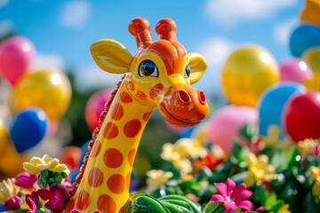 A bright and playful giraffe toy surrounded by colorful balloons and vibrant flowers. This cheerful artwork captures joy and innocence. Generative AI