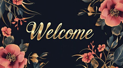 A "Welcome" message designed in elegant gold script on a black background, surrounded by delicate floral accents for a luxurious, sophisticated look.