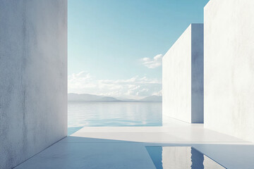 Abstract 3D rendering of minimalist style architectural space scene, mountain and lakeside building