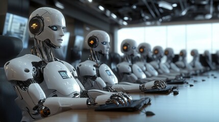 Fototapeta premium A group of humanoid robots discussing a business strategy in a high-tech corporate boardroom.