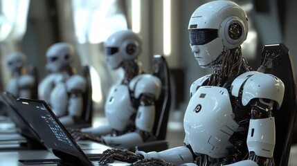 Fototapeta premium A group of humanoid robots working in a futuristic office space, collaborating on AI-driven projects.