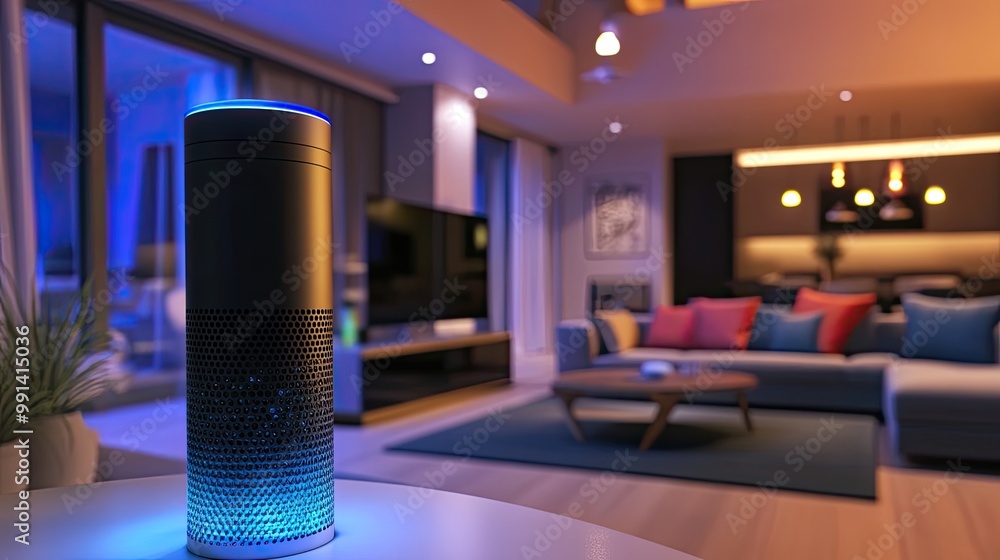 Poster smart home automation system controlling lighting, security, heating, and appliances through voice c