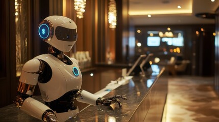 A humanoid robot greeting guests at a hotel reception, exemplifying customer service automation in the hospitality sector.
