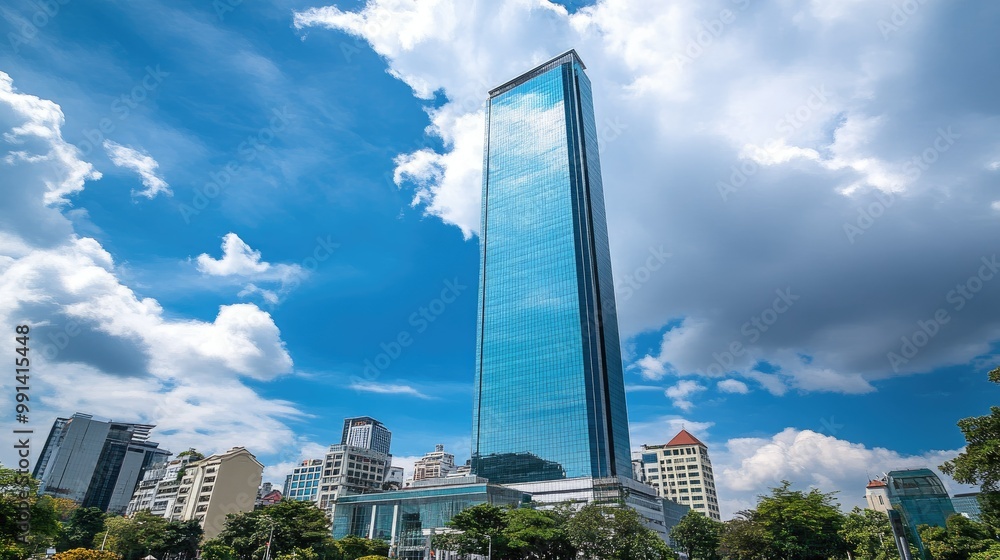 Poster a towering skyscraper in a cityscape with a large empty sky providing ample copy space.