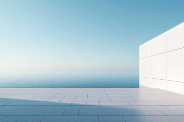 Obraz premium Abstract 3D rendering of minimalist style architectural space scene, mountain and lakeside building