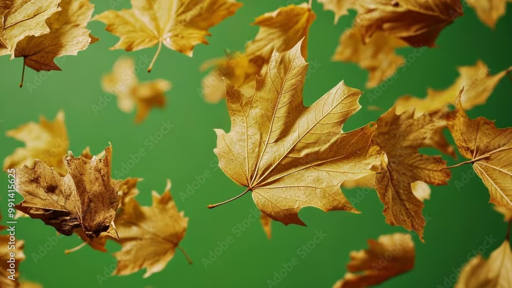 Poster multiple maple leaves slowly rotating and falling down on a solid green screen background, perfect f