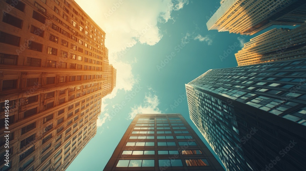 Poster a towering skyscraper in a cityscape with a large empty sky providing ample copy space.