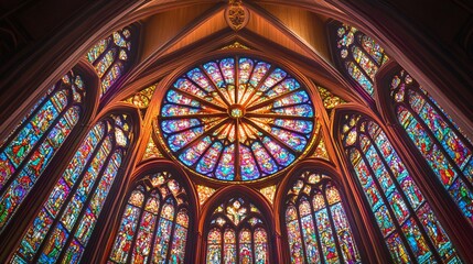 Fototapeta premium A circular stained glass window in a gothic cathedral with intricate designs and colorful panes, casting a rainbow of light on the interior.